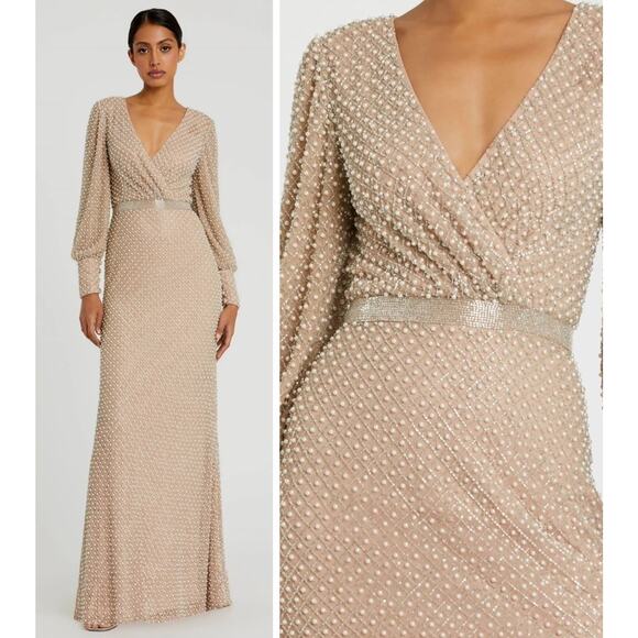Mac Duggal Dresses & Skirts - Mac Duggal 10062 Beige Size 4 Wrap Over Pearl Gown Beaded Bishop Sleeves NWT